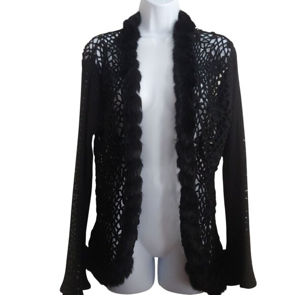 Ruby Cho Black Floral Knitted Faux Fur Sweater Sequin Open Front Romantic XL - Picture 1 of 16